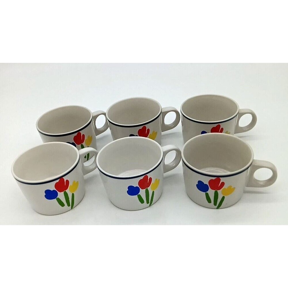 Vintage 1985 Newcor Japan Tulip Time Stoneware Coffee Tea Cups Lot of 6